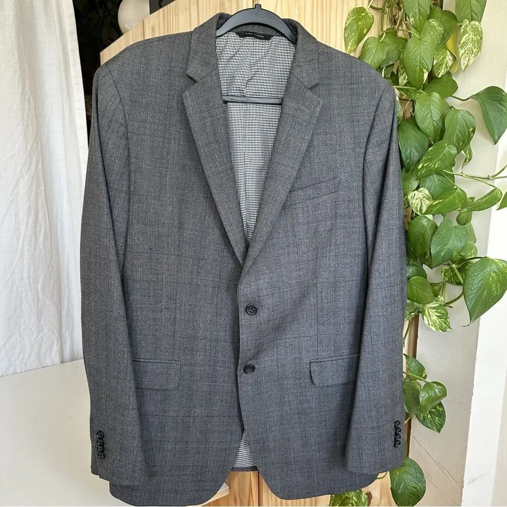 Banana‎ Republic Wool Modern Slim Fit Plaid Blazer 44L Long Suit Gray